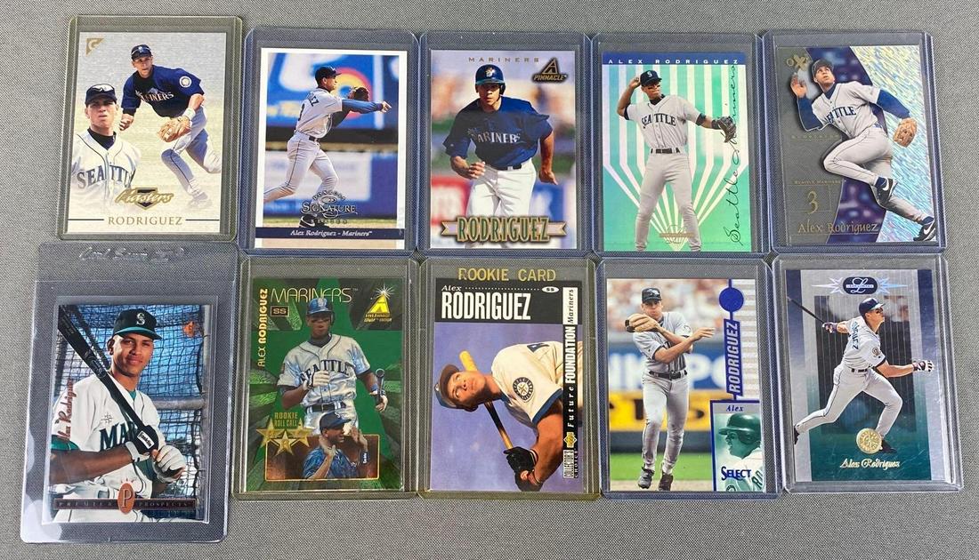 Group of 10 Alex Rodriguez Baseball Cards: Includes 1994 SP Foil #15 Rookie, 1995 Pinnacle Zenith Rookie Roll Call #1, etc. Sharp group.