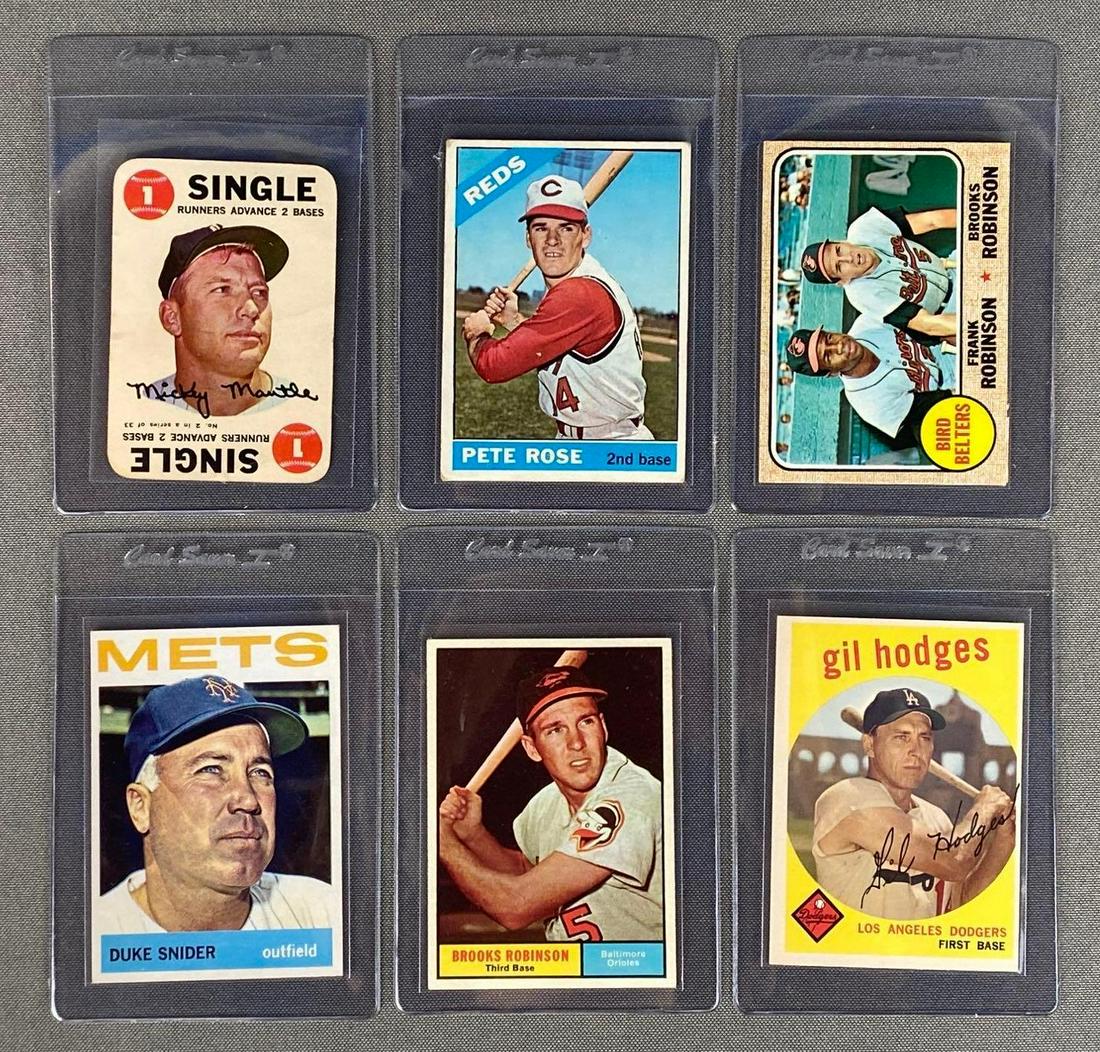 Group of 6 HOF 1960s Baseball Cards: Including 1968 Topps Game Mickey Mantle #2 VG, 1968 Topps Bird Belters #530 NM, 1966 Topps Pete Rose #30 VG, 1964 Topps Duke Snider #155 EX+, 1961 Topps Brooks Robinson #10 EXMT, and 1959 Topps Gil Ho