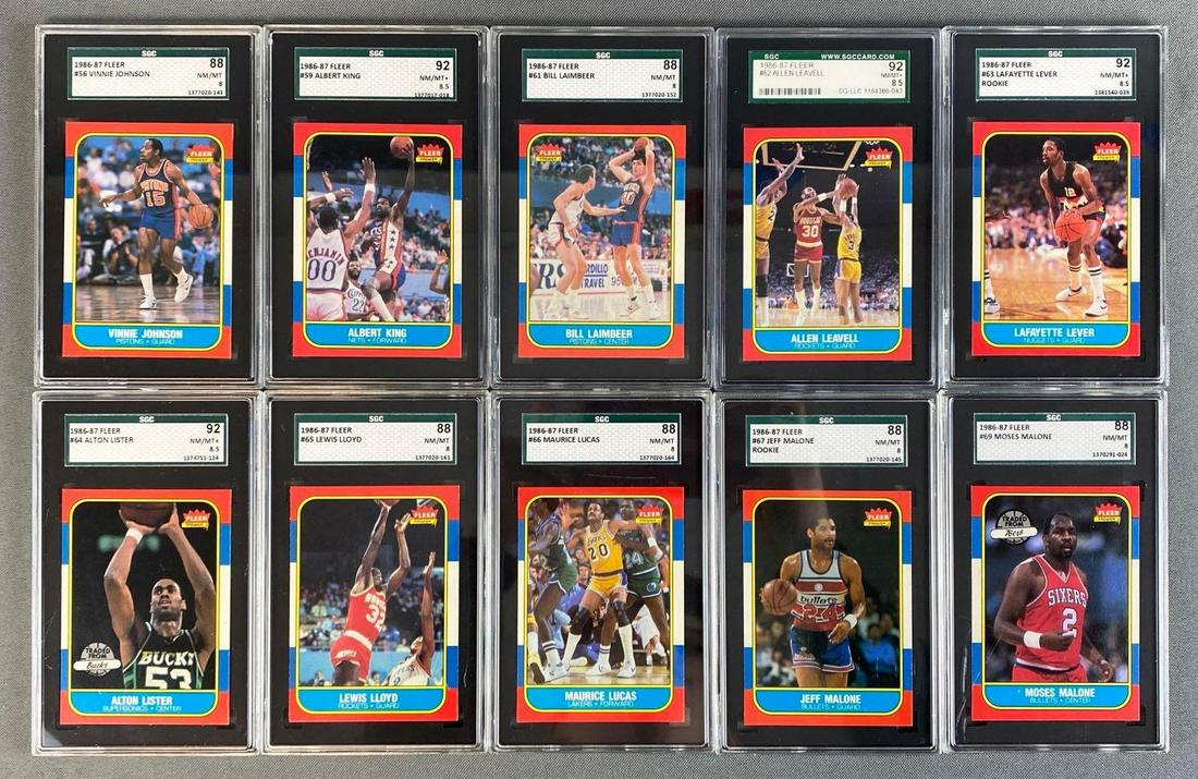Group of 10 1986-87 Fleer Basketball Graded SGC 8 - 8.5: Set Break, cards #56-69, including Vinnie Johnson, Albert King, Bill Laimbeer, Allen Leavell, Lafayette Lever, Alton Lister, Lewis Lloyd, Maurice Lucas, Jeff Malone, and Moses Malone.