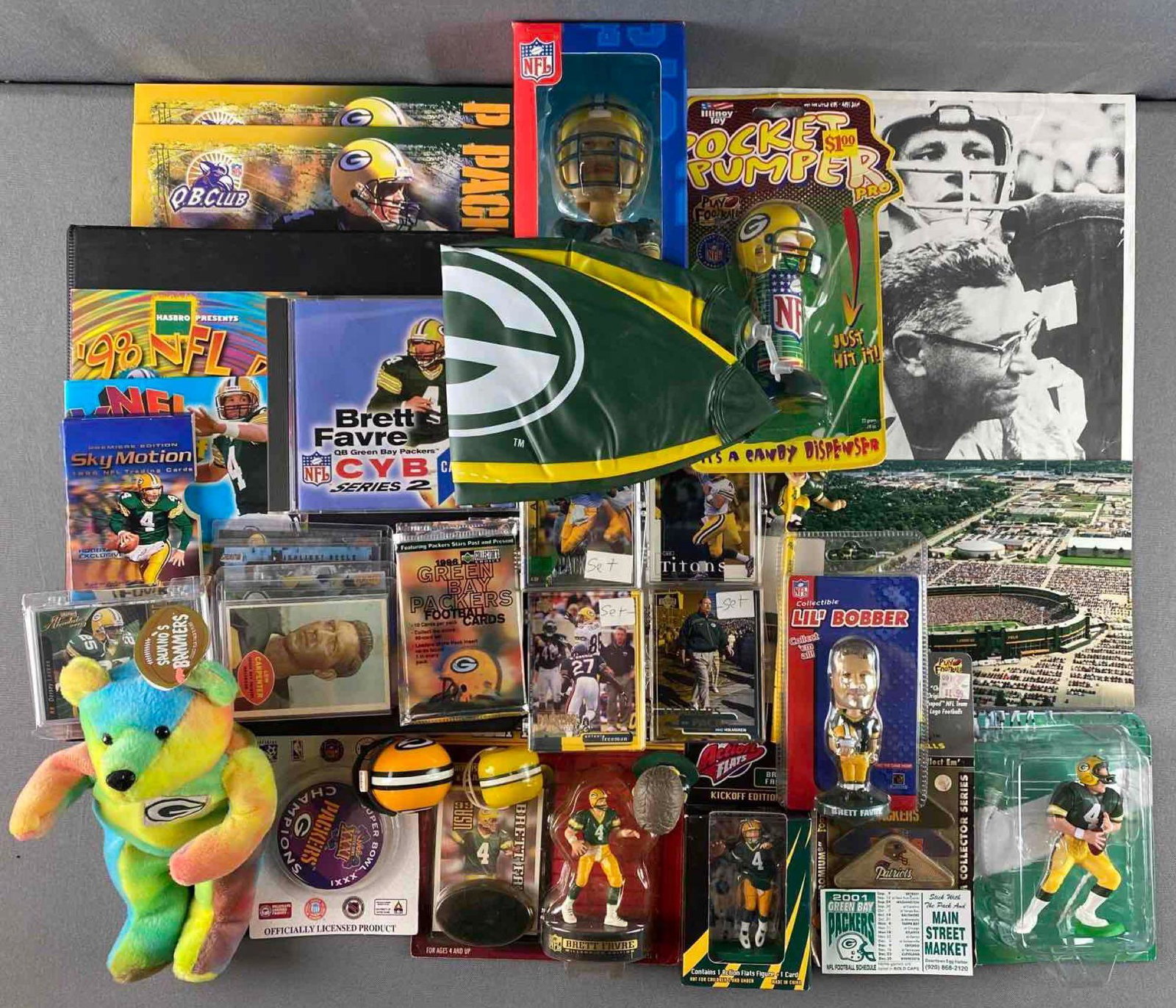 Large Group of Green Bay Packers Cards & Memorabilia: Includes 50 Plus Brett Favre cards including inserts, 5 special Upper Deck 1996 and 1998 team sets, numbered inserts to 350, and more.