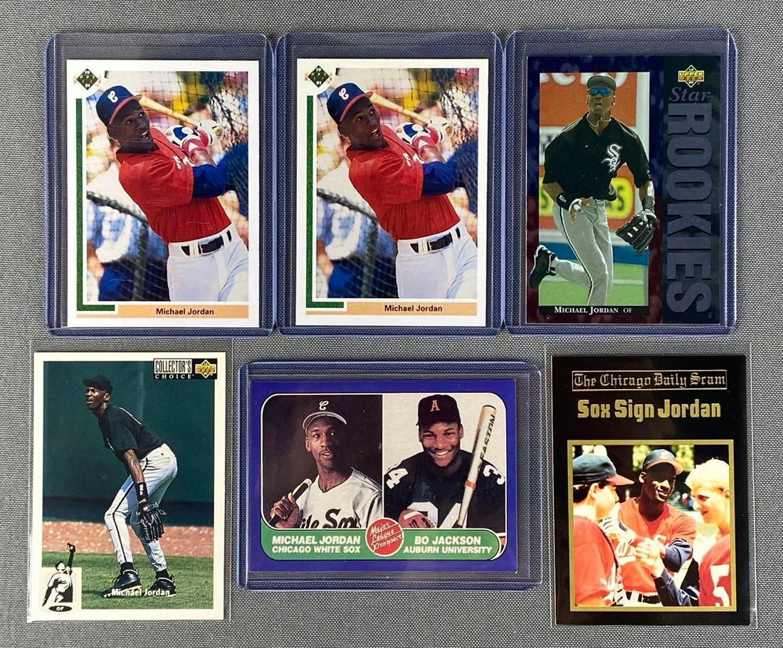 Group of 6 Michael Jordan Baseball Cards: Includes (2) 1991 Upper Deck SP1, 1994 Upper Deck Star Rookies No.19, 1994 Collectors Choice No.23, 1986 Fleer Style Jordan/Jackson, and Chicago Daily Sram card.