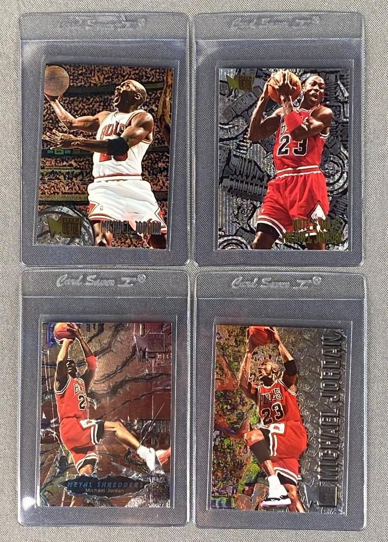 Group of 4 Fleer Metal Michael Jordan Cards: Including 1995 #13, 1996 #11, 1996 #212, and 1997 #241, sharp cards.