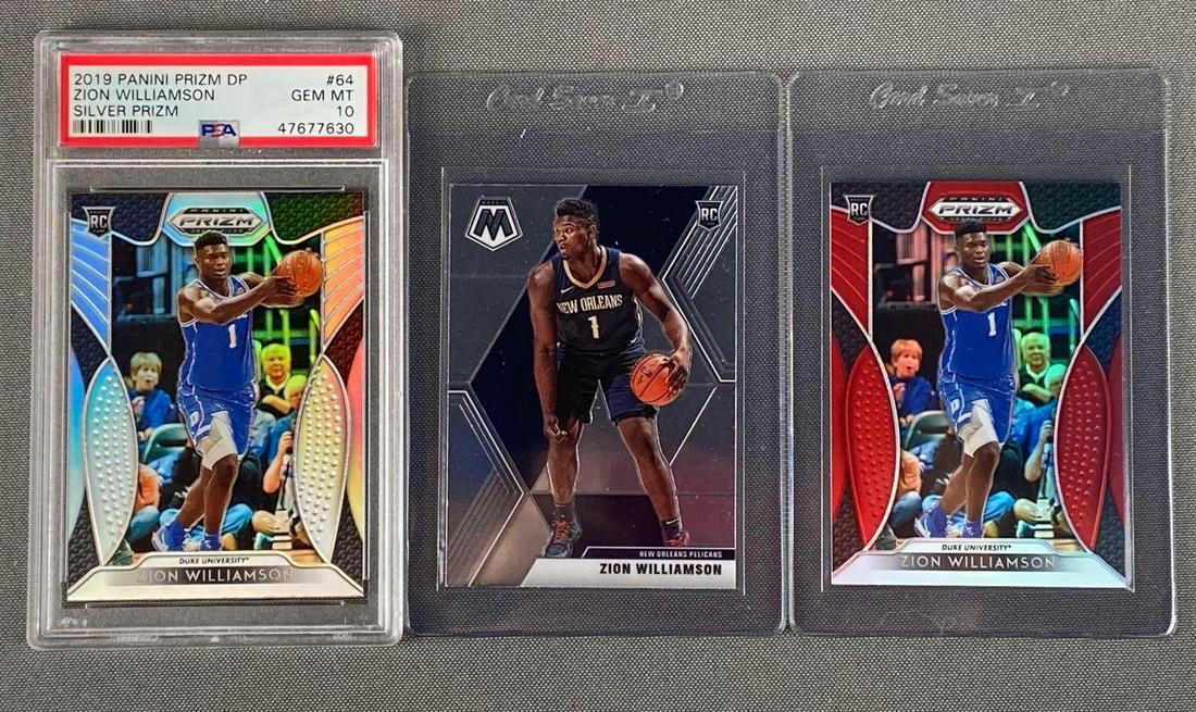 Group of 3 2019 Panini Zion Williamson Rookie Cards: Including Prizm DP Silver Prizm #64 PSA 10, Prizm Red Prizm #64, and Mosaic #209.