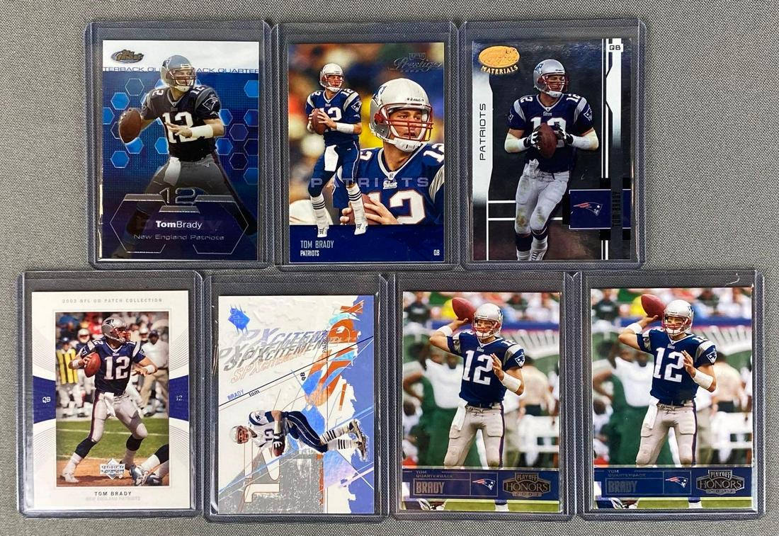 Group of 7 2003 Tom Brady Cards: Including Topps Finest #35, SPX #102, Leaf Certified #76, Playoff Prestige #83, Upper Deck #12, (2) Playoff Honors #90, ready to grade.