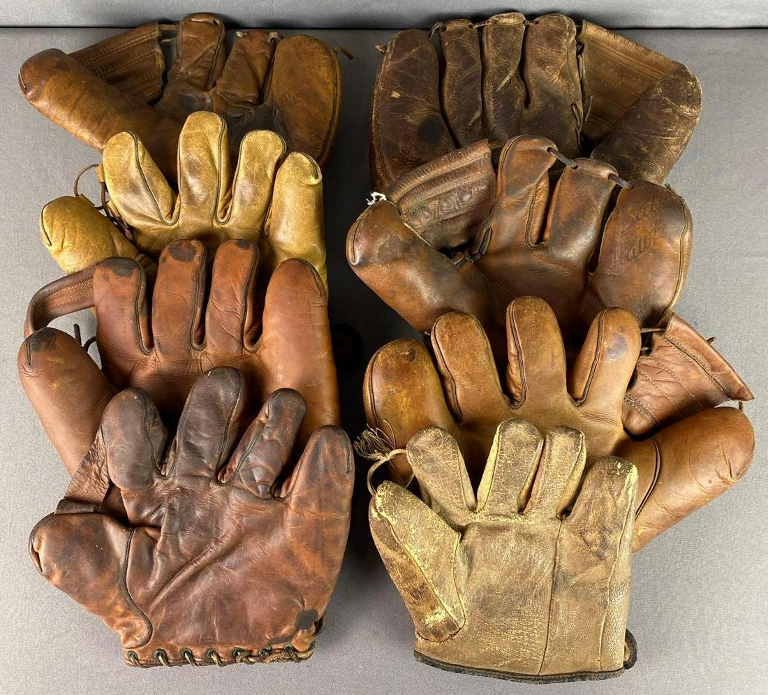 Group of 8 Vintage 4 and 5 Finger Baseball Gloves: Including 4 finger Ray Jablonski Ball Hawk A2935, Rawlings The Haymaker PM25 Joe Nuxhall, Gold Smith JG17 Geo Selkirk, Reach Cecil Travis #298, Eddie Miller 5 finger glove, and more, 2 gloves right ha
