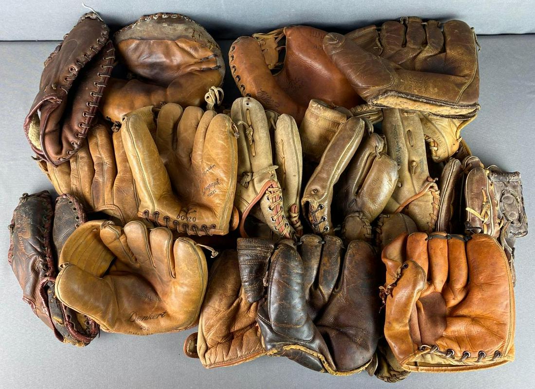 Group of 18 Vintage Baseball Gloves: Includes names like Bull Freehan, Paul Blair, Frank Robinson, Jack Jensen, Casey Wise, Don Kessinger, Richie Fisk, and more.