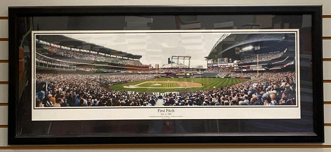 Seattle Mariners Safeco Field First Pitch Framed Print: Opening Day July 15th 1999 panoramic poster print by Rob Arra. Frame measures 19 1/4 x 43 1/4in.