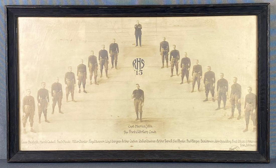 Rockford High School 1915 Football Team Framed Photograph: Rockford High School 1915 (Illinois) includes players names on bottom, photo measures 12x20in, frame measures 13x21 1/2in. Haynes Photography Rockford, ILL.