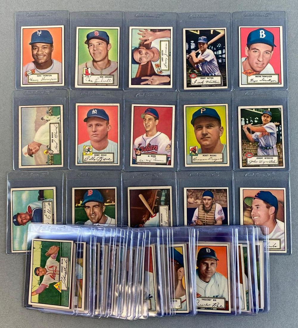 Group of 69+ 1952 Topps Baseball Cards: Set break, cards #3-80, black backs, sharp cards, mid grade, all VG-EX, including Hank Thompson #3, Don Lenhardt #4, Bob Elliott #14, and more.
