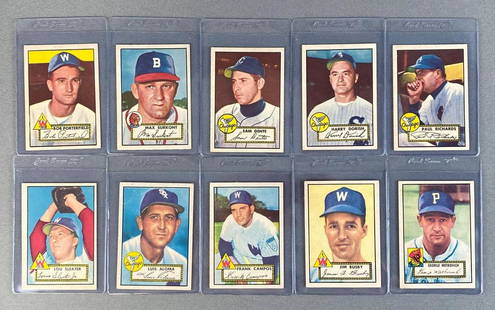 Group of 10 1952 Topps Baseball Cards Set Break: Semi-high numbers, set break, mid grade, EX, includes Bob Porterfield #301, Max Surkont #302, Sam Dente #304, Harry Dorish #303, Paul Richards #305, Lou Sleater #306, Luis Aloma #308, Frank Campos #30