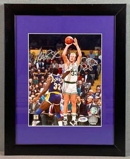 Magic Johnson and Larry Bird Signed Photograph PSA/DNA Witnessed: With PSA DNA Autographed in person COA, certification number 3A 70536, frame measures 15 3/4 x 12 3/4in, photo measures 10x8in.