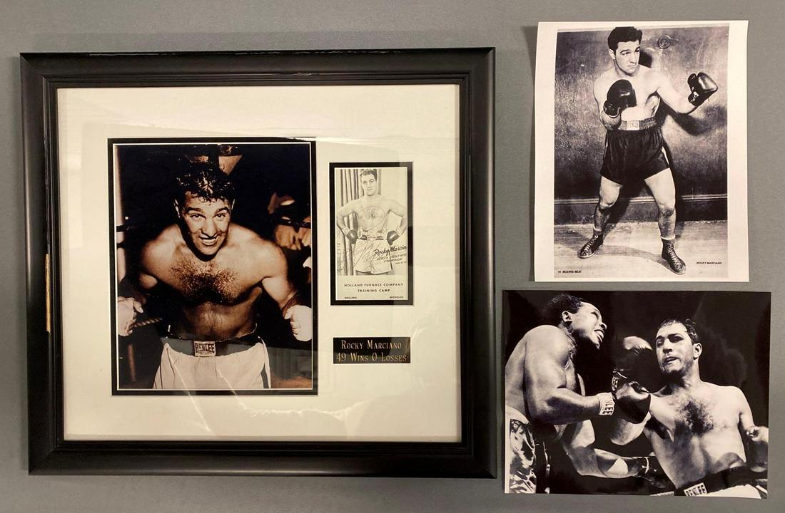 Framed & Autographed Rocky Marciano Photograph: Autograph is on a Holland Furnace Company Advertising Card Holland Michigan. (1) Framed, (2) loose, frame chipping, frame measures 16 1/2 x 18 1/4in, largest photos measures 8x10in.