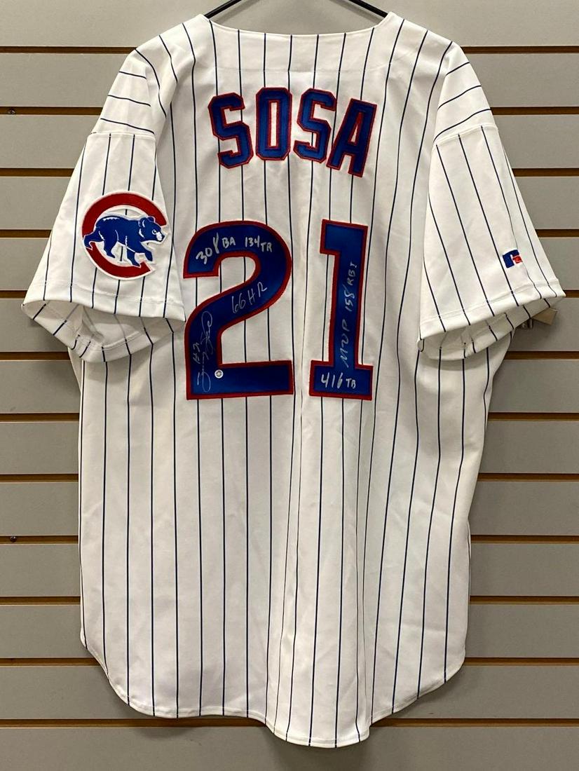 Sammy Sosa Signed Chicago Cubs Jersey: Stat jersey with Total Sports Concepts COA attached, Russell Athletic jersey.