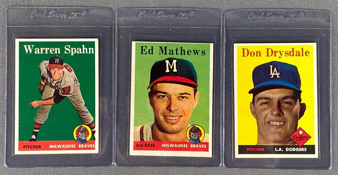 Group of 3 1958 Topps HOF Baseball Cards: Includes Warren Spahn #270, Ed Matthews #440, and Don Drysdale #25, all VGEX-EXMT.