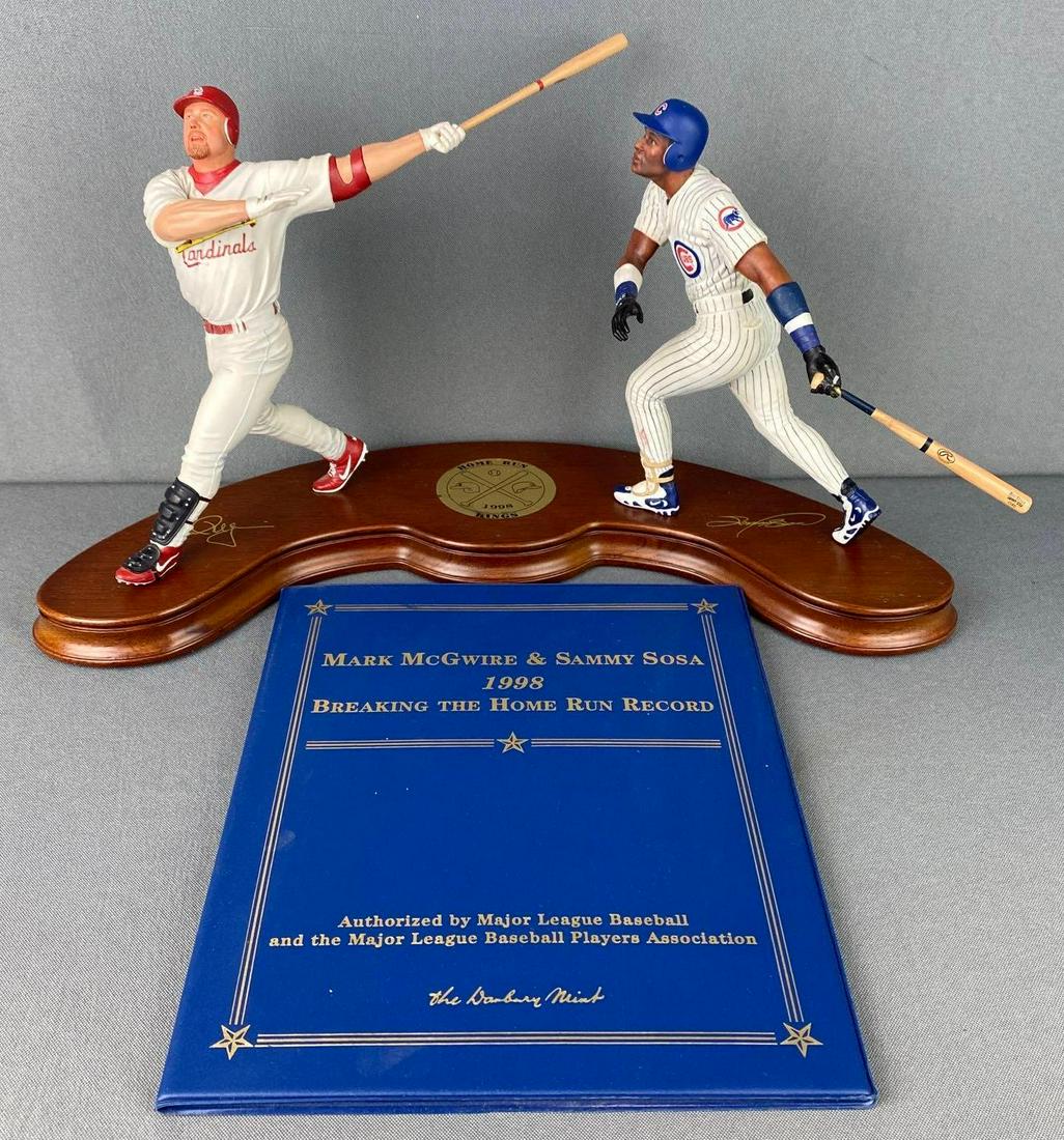 Mark McGwire and Sammy Sosa Danbury Mint Figures: 1998 Home Run Kings, and 1998 Home Run Kings Folder with 2 22Kt gold cards, figure measures 9x16x6 1/2in.