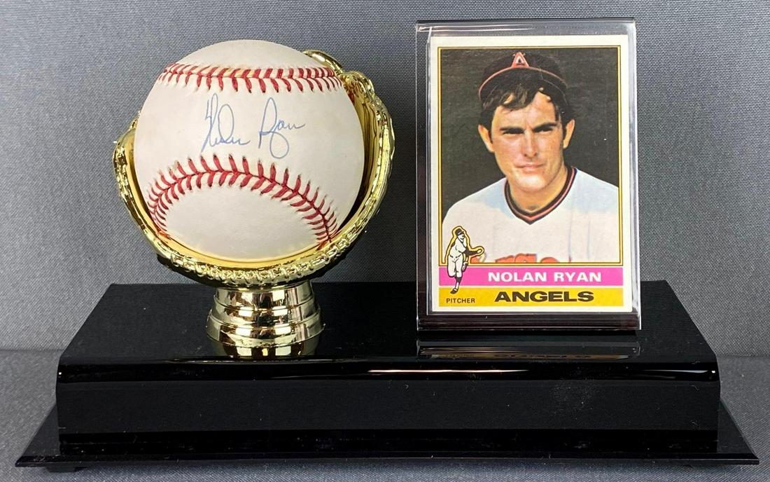Nolan Ryan Autographed Ball with 1976 Topps Card: With JSA Letter of Authenticity, 1976 Topps #330 NM, case measures 5 1/2 x 8 1/2 x 4 1/2in.