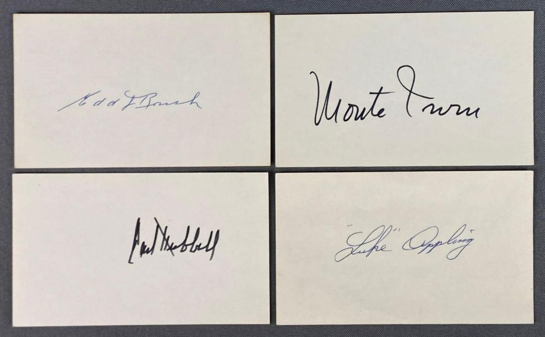 Group of 4 HOF In Person Signed 3x5 Cards: Including Edd Roush, Monte Irvin, Carl Hubbell, and Luke Appling.