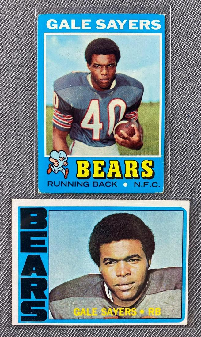 Group of 2 Topps Gale Sayers Cards: Includes 1971 #150 VG/EX and 1972 #110 EX condition.