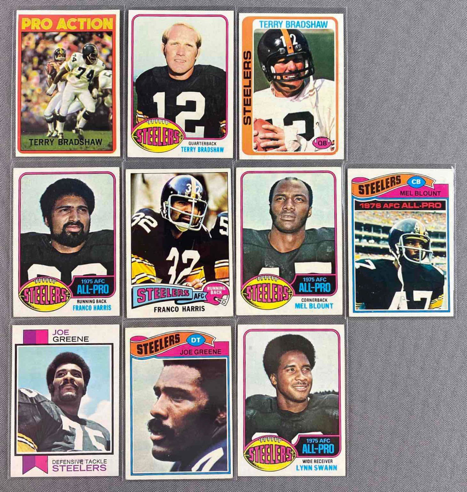 Group of 10 Pittsburg Steelers HOF Cards: Includes Terry Bradshaw 1972 #120 EX, 1976 #75 Ex/NM, 1978 #65 EX. Joe Greene 1973 #280 NM, 1977 #405 EX. Mel Blount 1976 #480 EX, 1977 #180 EX. Franco Harris 1976 #100 NM, 1977 #300 EX. Lynn Swann 19