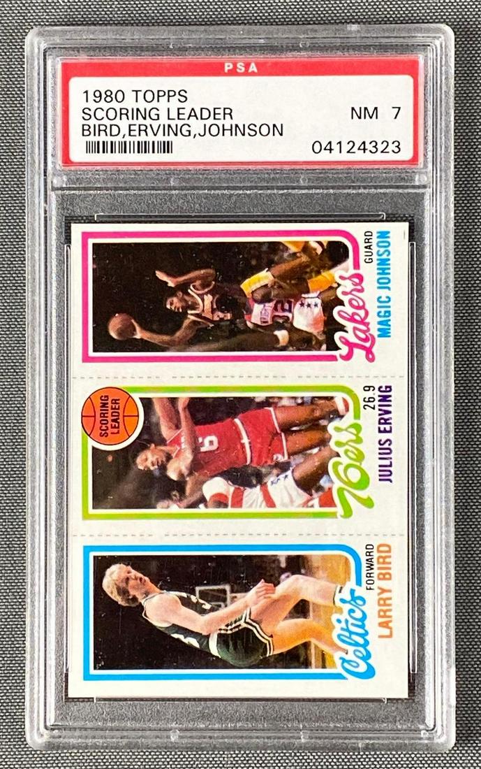 1980 Topps Scoring Leader Bird, Erving, Johnson PSA 7: 1980 Topps Bird, Erving, Johnson PSA 7. Here is one of the most important basketball cards of the last 50 years. It has 3 HOFers & 2 rookies on 1 card.