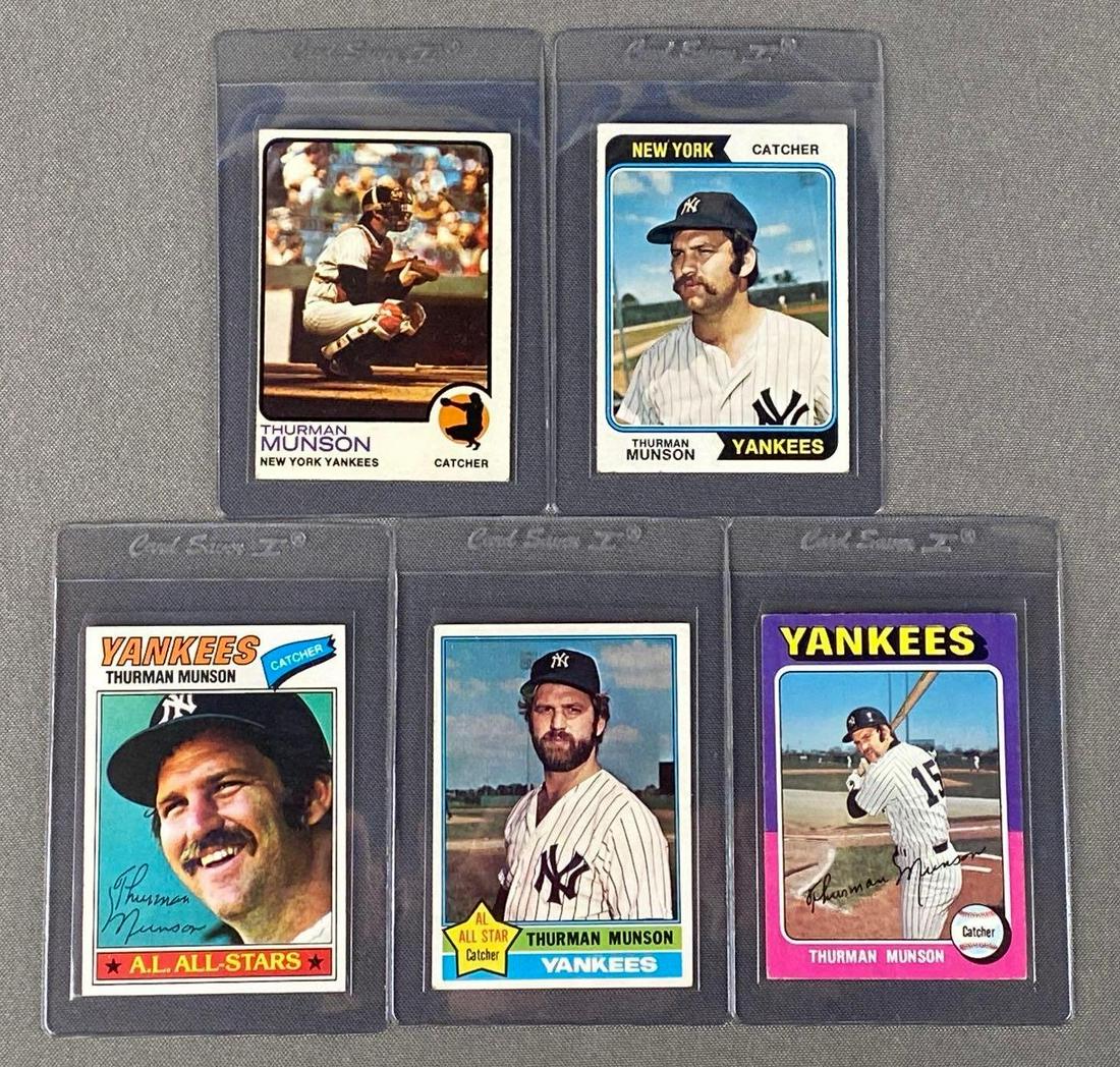 Group of 5 Thurman Munson Baseball Cards: Including 1973 #142, 1974 #340, 1975 #20, 1976 #650, and 1977 #170, mid-higher condition.