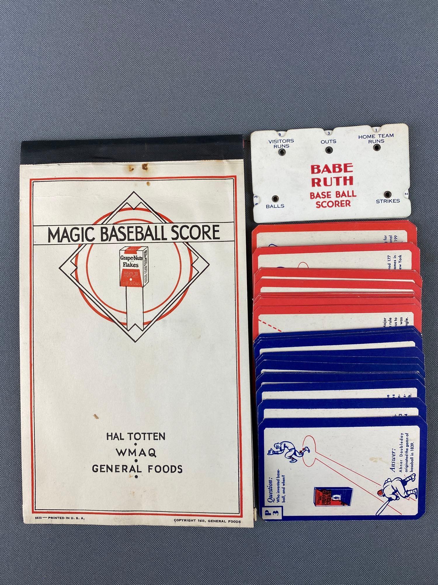 1933 General Foods Quaker Babe Ruth Scorer & Scorecard: In the original mailing envelope, 1933 General foods scorecard, babe Ruth scorer, and Quaker question cards.