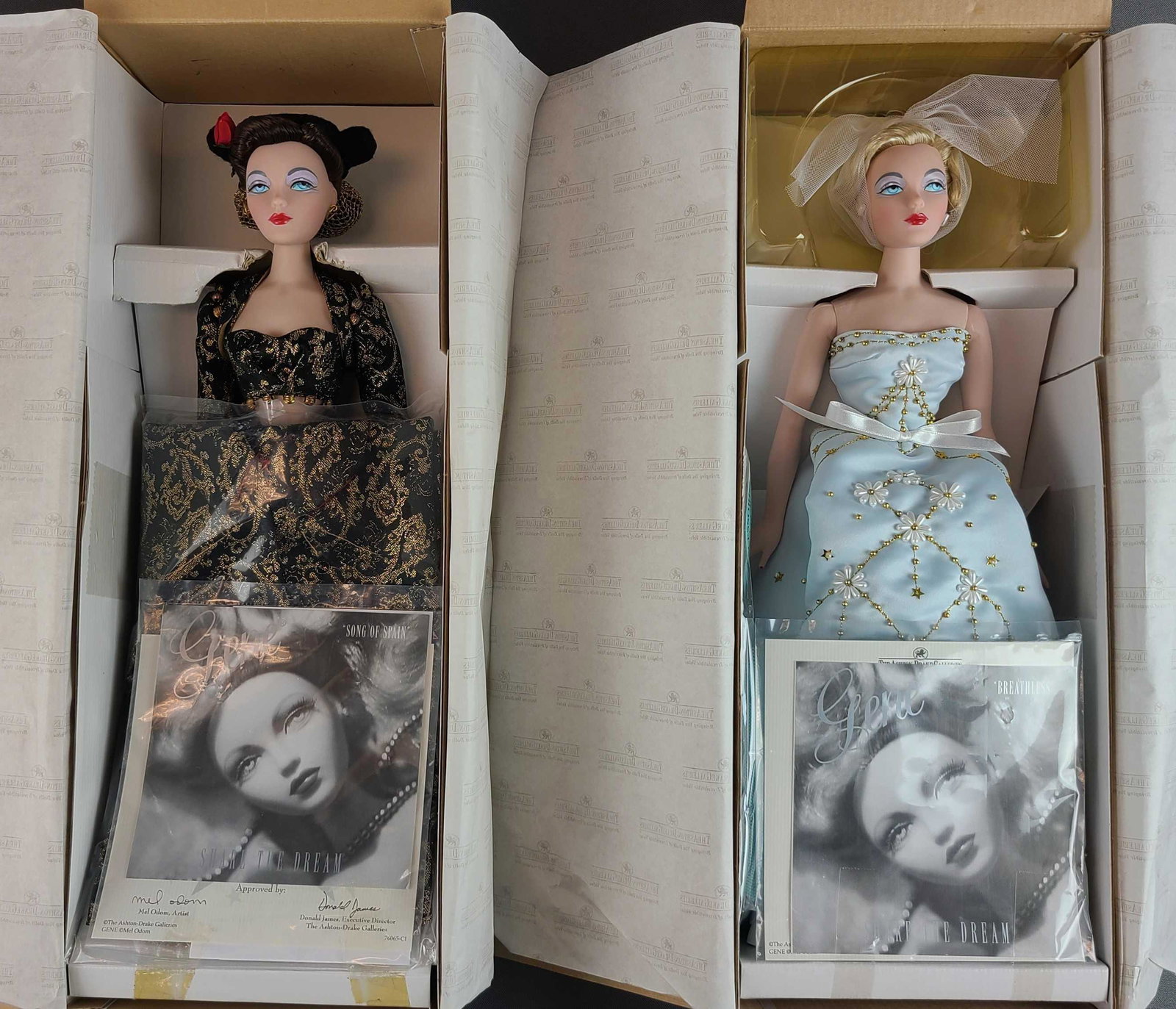 Group of 2 Gene Ashton-Drake Collectible Dolls: Mel Odom, artist. Song of Spain, Breathless. 14 inches tall