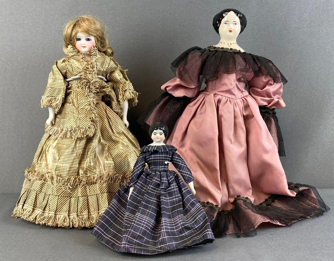 Group of 3 Vintage Bisque Head Dolls: One marked Ruth Gibbs, one marked Germany, one unmarked, largest measures 11 1/2in tall.