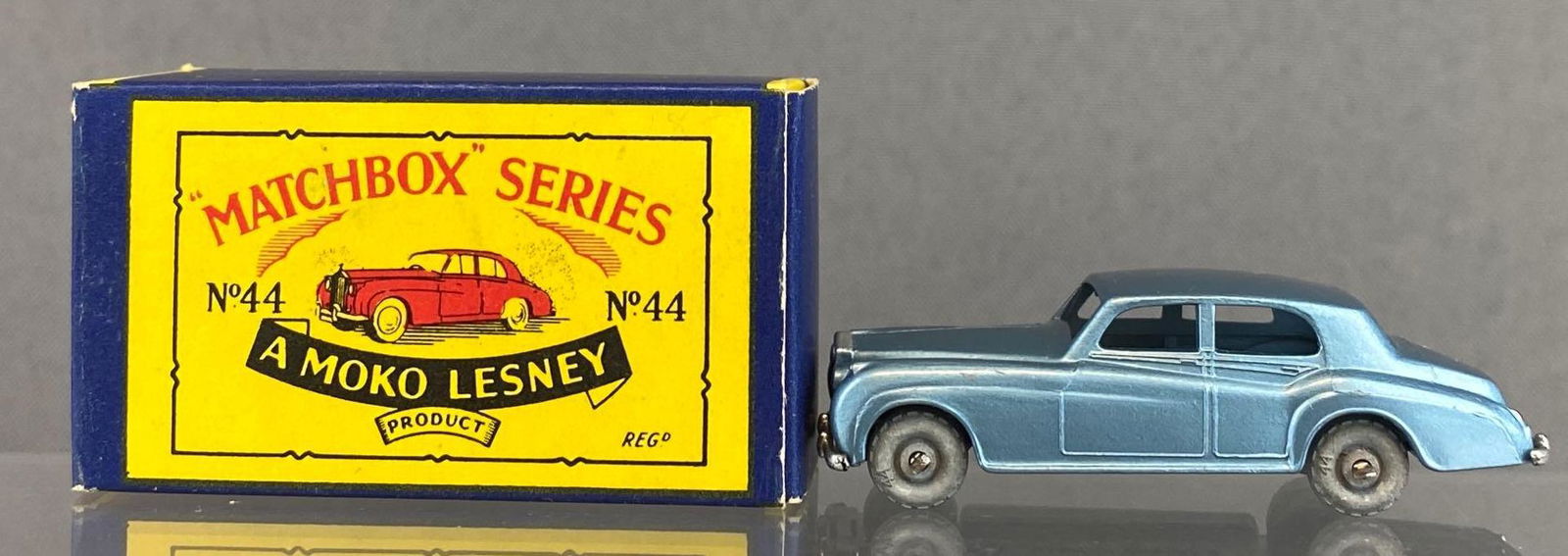 Matchbox No. 44 Rolls-Royce Silver Cloud: Baby Blue. A Moko Lesney Product, Gray Metal Wheels, Original Box, Made in England. Die-Cast.