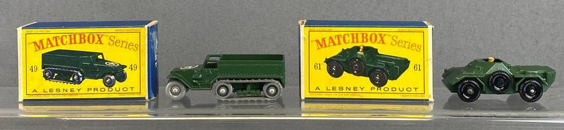 Group of 2 Matchbox Nos. 49 and 61: Green. Army Half Track Mark III and Army Scout Car. A Lesney Product. Gray and Black plastic wheels. Original boxes. Made in England. Die-Casts.