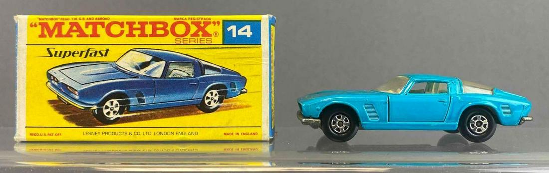 Matchbox Superfast No. 14 ISO Grifo: Blue. A Lesney Product. Black plastic wheels. Original box. Made in England. Die-casts.