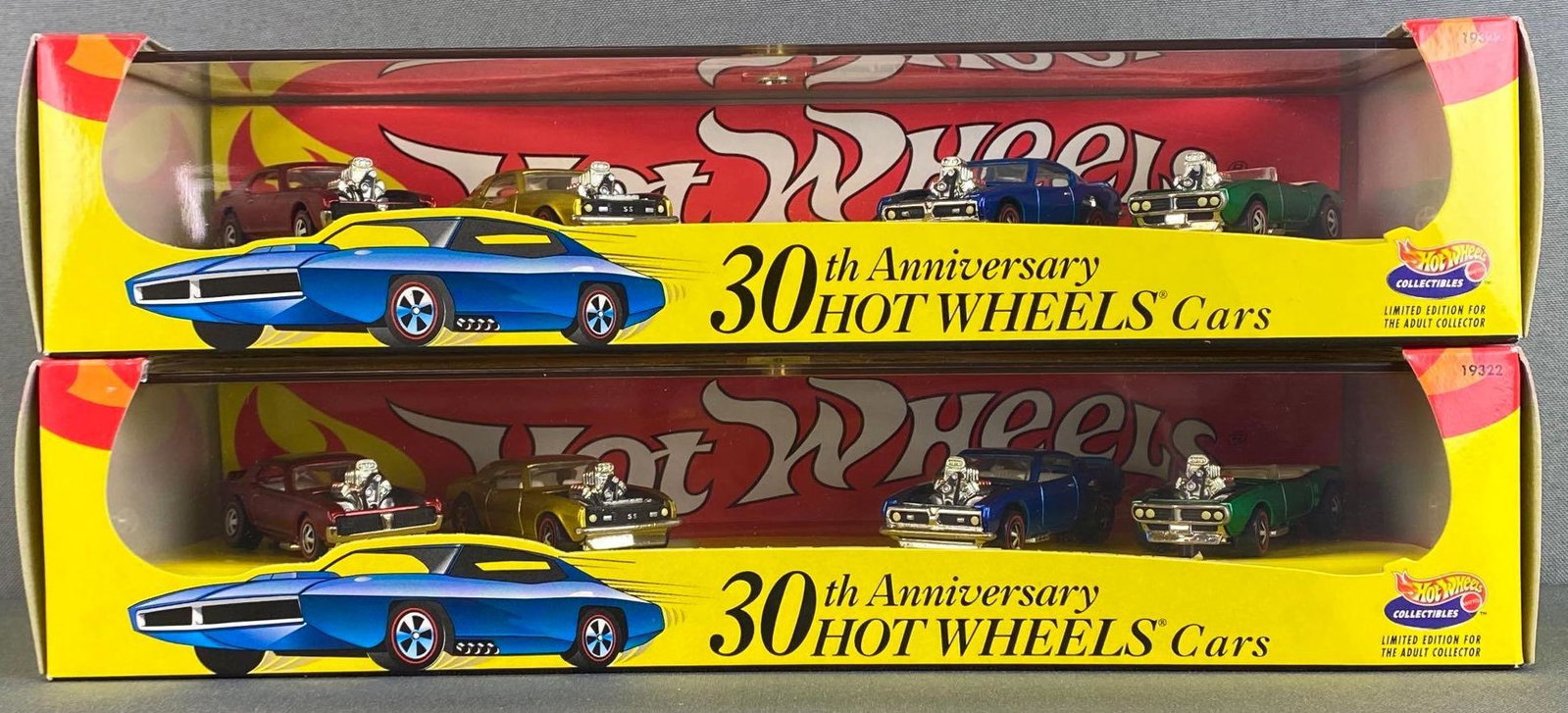 Group of 2 Hot Wheels 30th Anniversary Die-Cast Vehicles: 1998, Mattel, boxes measure 2 3/4 x 12 x 4in.