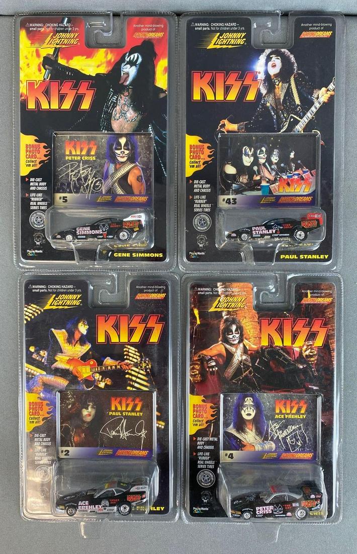 Group of 4 Johnny Lightning Kiss Racing Dreams Vehicles: 1997, die-cast, includes Gene Simmons, Paul Stanley, Ace Frehley, and Peter Criss, packaging measures 9 1/4 x 6 x 2in.