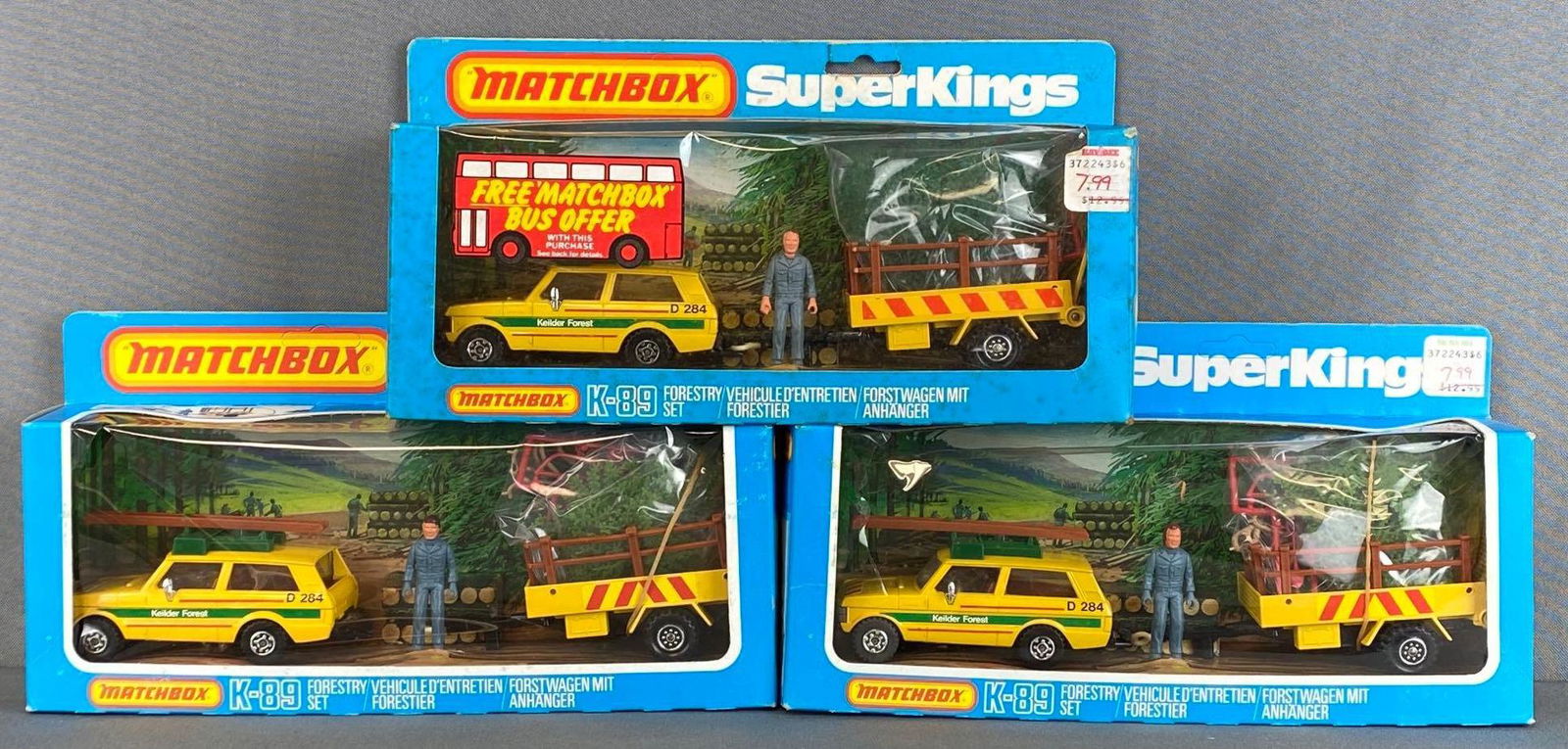 Group of 3 Matchbox Superkings K-89 Forestry Sets: 1981, plastic on box ripped, boxes measure 5 1/2 x 10 1/2 x 2 1/2in.