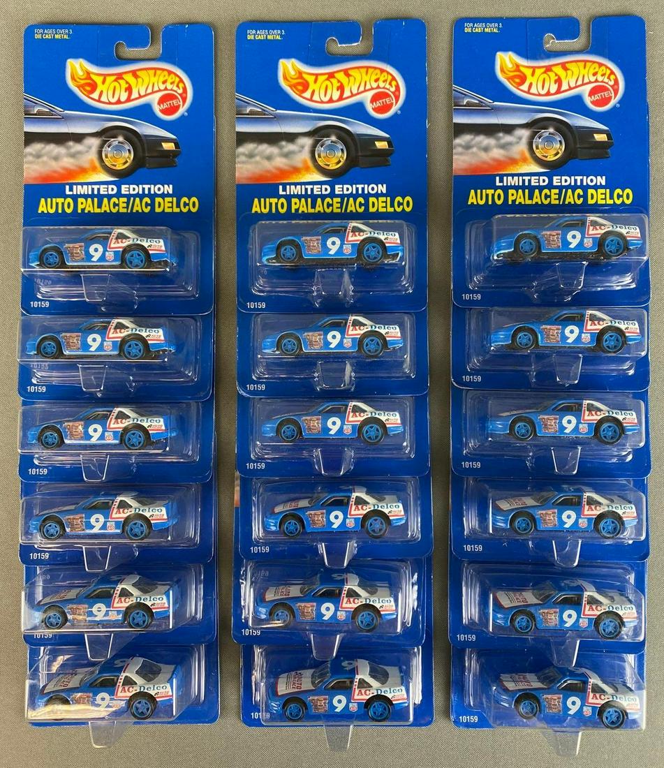 Group of 18 Hot Wheels Auto Palace/AC Delco Vehicles: 1992, Mattel, die-cast, packaging measures 6 1/2 x 4 1/4 x 1 3/4in.