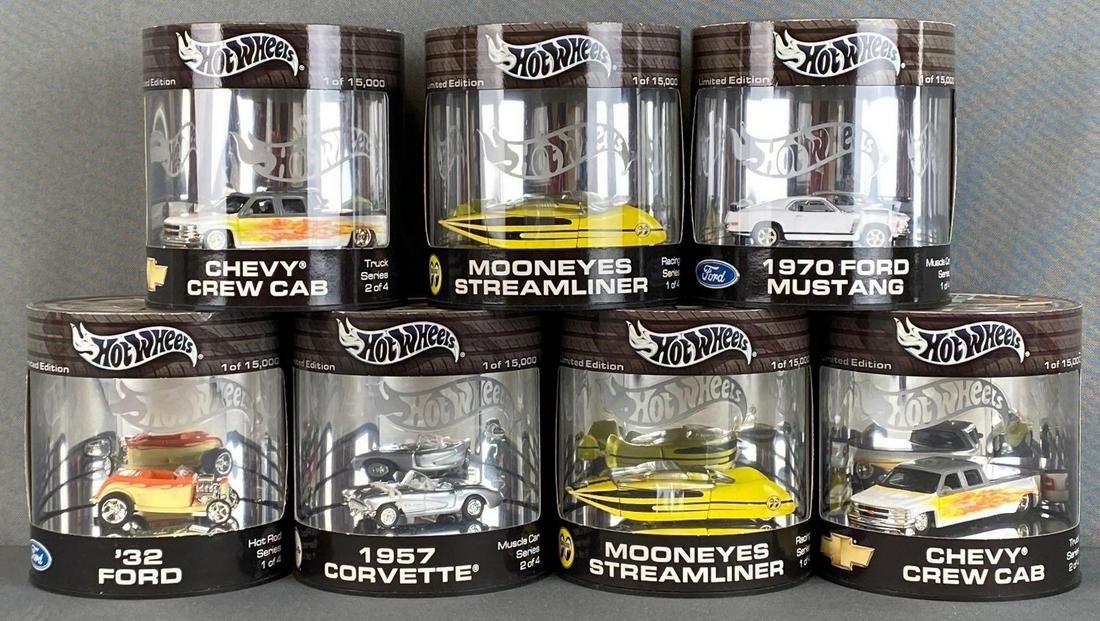 Group of 7 Hot Wheels Cool Collectibles Die-Cast Vehicles: 2003, all Limited Edition, includes Chevy Crew Cab, Mooneyes Streamliner, 1970 Ford Mustang, and more, boxes measure 4 1/2 x 4 1/4 x 4 1/4in.