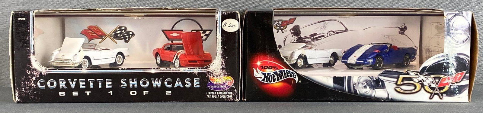 Group of 2 Hot Wheels Die-Cast Vehicle Sets: 1998-2002, includes Corvette Showcase, and 50 Years of Corvette, boxes measure 2 1/2 x 6 1/2 x 4in.