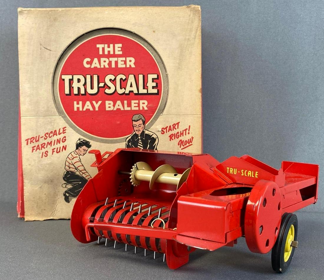 Carter Tru-Scale Machine Co. Hay Baler: Rockford, IL, die-cast, B-408, box is torn, box measures 8 1/2 x 8 x 3 1/2in.