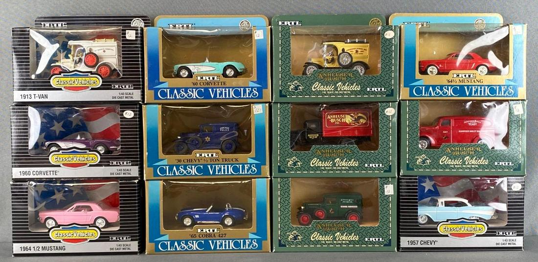 Group of 20 Assorted ERTL Die-Cast Veches: 1/43 scale, including 1913 T-Van, 1960 Corvette, 1957 Chevy, and more, includes duplicates, boxes measure 5 x 6 1/4 x 3in.