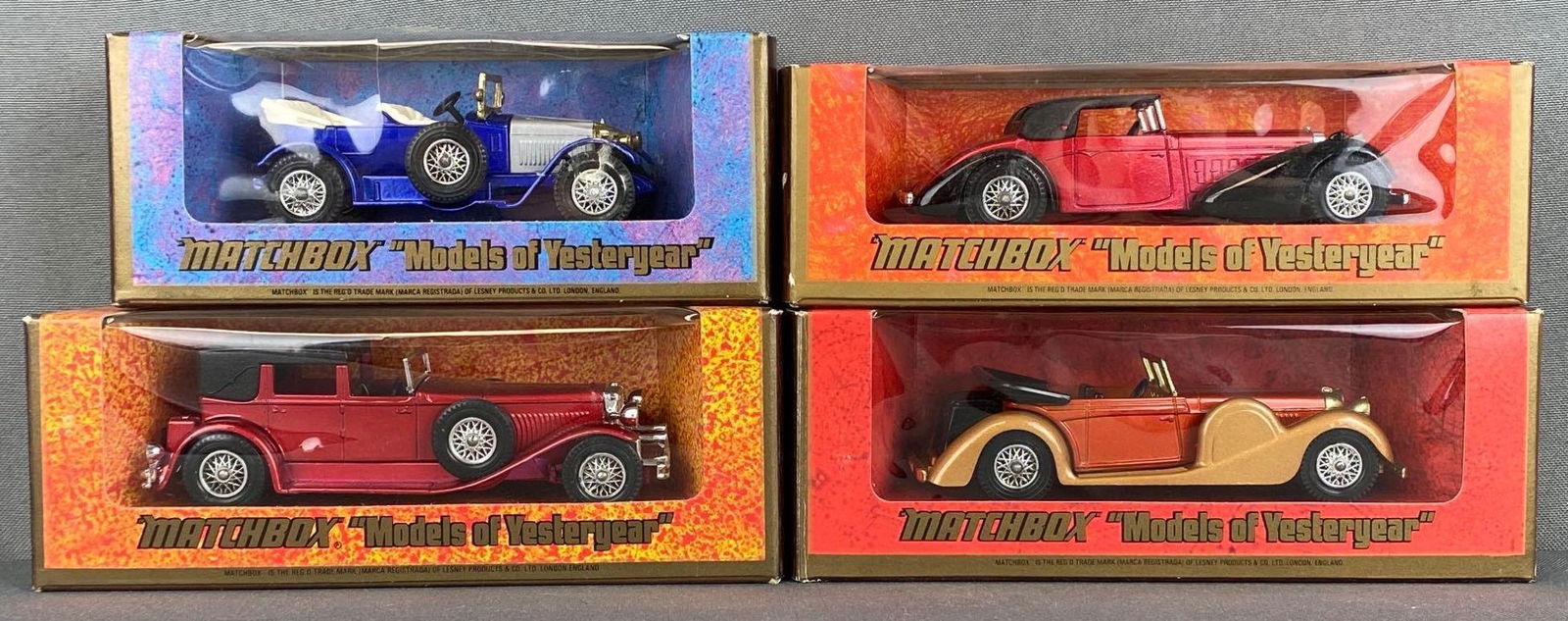 Group of 20+ Assorted Matchbox Die-Cast Vehicles: Models of Yesteryear, includes 1914 Prince Henry Vauxhall, 1938 Hispano Suiza, 1930 Model J Duesenberg, and 1938 Lagonda Drophead Coupe, largest box measures 2 1/2 x 6 1/2 x 2in.