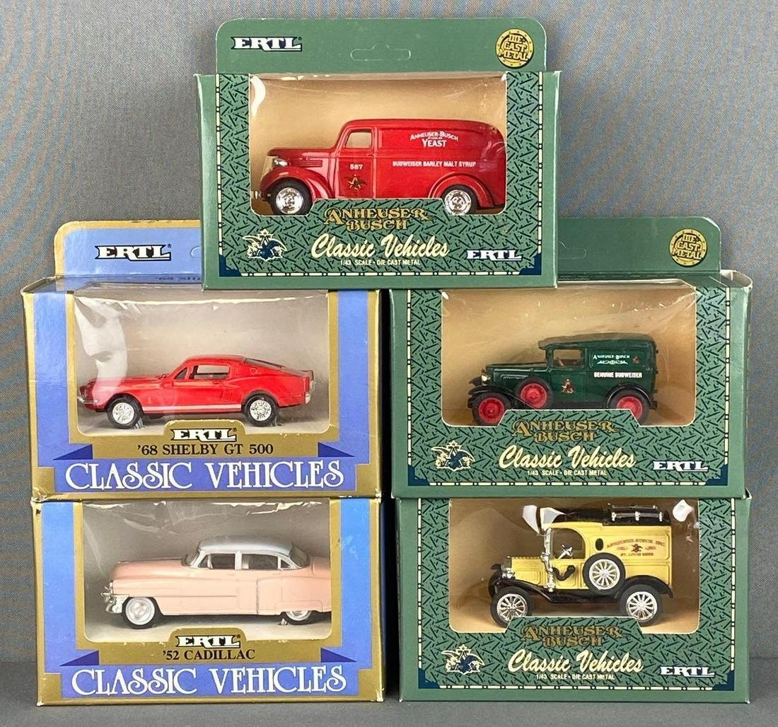 Group of 17 ERTL Classic Die-Cast Vehicles: 1/43 scale, all in original packaging, includes 1968 Shelby GT 500, 1952 Cadillac, and Anheuser Busch vehicles, includes duplicates, boxes measure 5 x 6 1/2 x 3 1/4in.