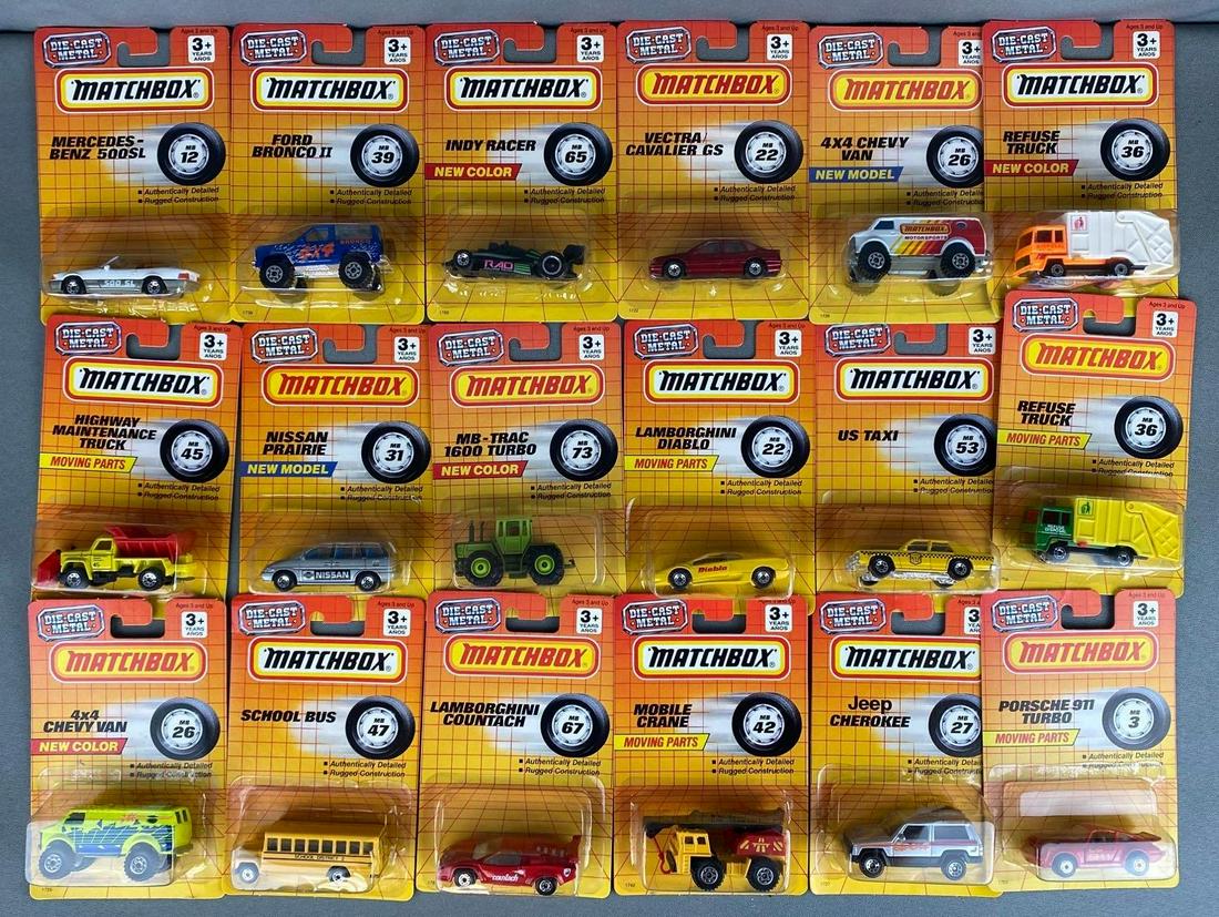 Group of 75+ Assorted Matchbox Die-Cast Vehicles: All in original packaging, includes School Bus, 4x4 Chevy Van, Highway Maintenance Truck, and more, several duplicates, all measure 6 3/4 x 4 1/2 x 1 1/2in.