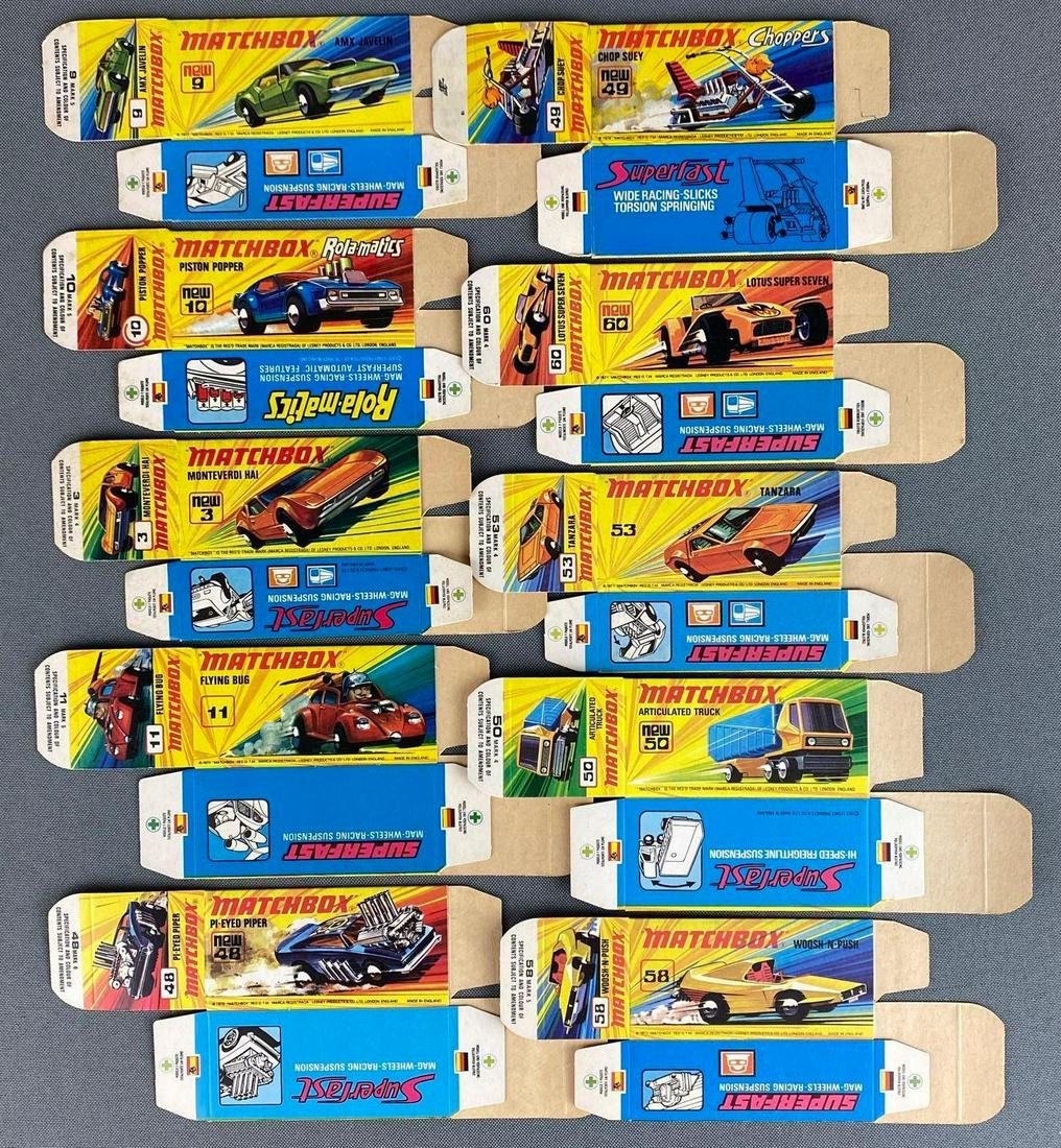 Group of 10 Matchbox Series I Type Boxes: Boxes only, a Lesney Product, made in England, includes No. 9 AMX Javelin, No. 10 Piston Popper, and more.