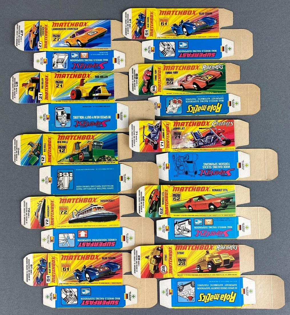 Group of 10 Matchbox Series I Type Boxes: Boxes only, a Lesney Product, made in England, includes No. 12 Big Bull, No. 61 Blue Shark, and more.