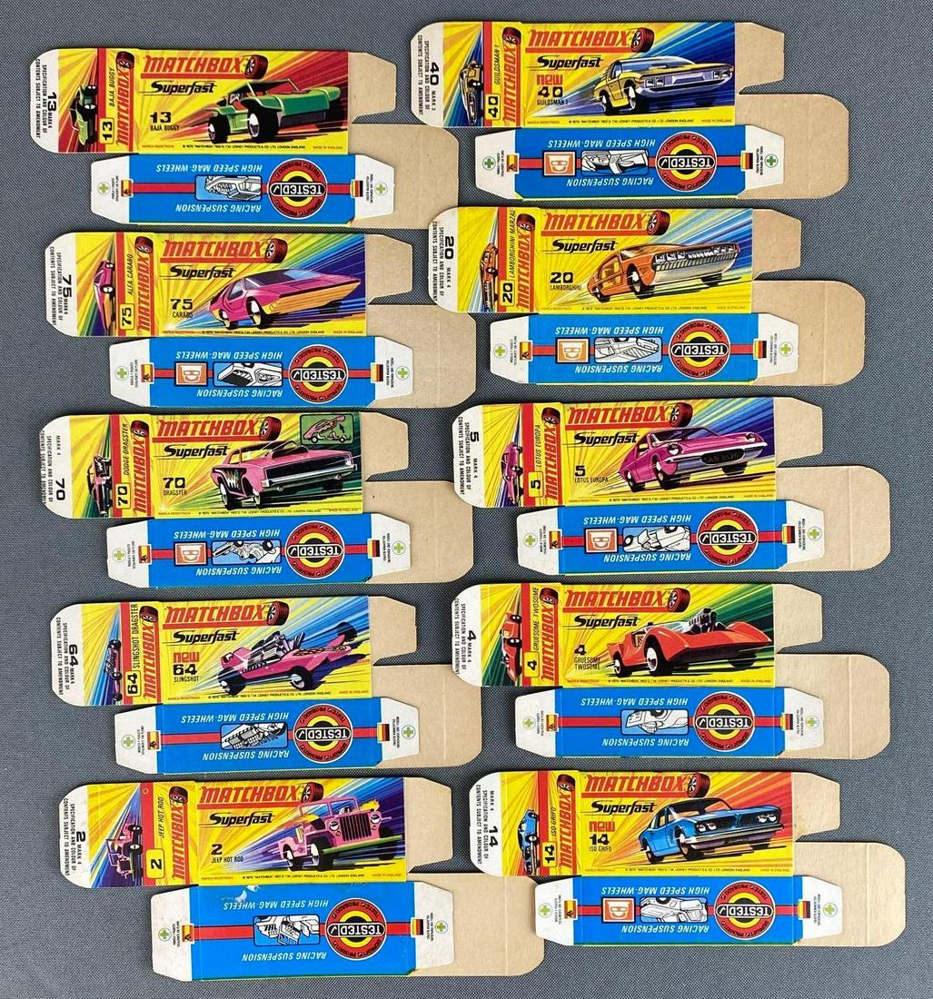 Group of 10 Matchbox Superfast Series H Type Boxes: Boxes only, 1970, a Lesney Product, made in England, includes No. 2 Jeep Hot Rod, No. 5 Lotus Europa, and more.