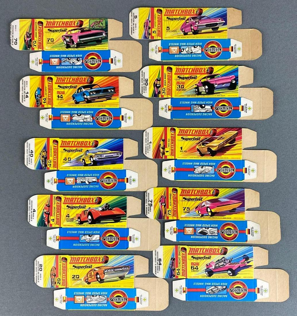 Group of 10 Matchbox Superfast Series H Type Boxes: Boxes only, 1970, a Lesney Product, made in England, includes No. 40 Gildsman 1, No. 5 Lotus Europa, and more.