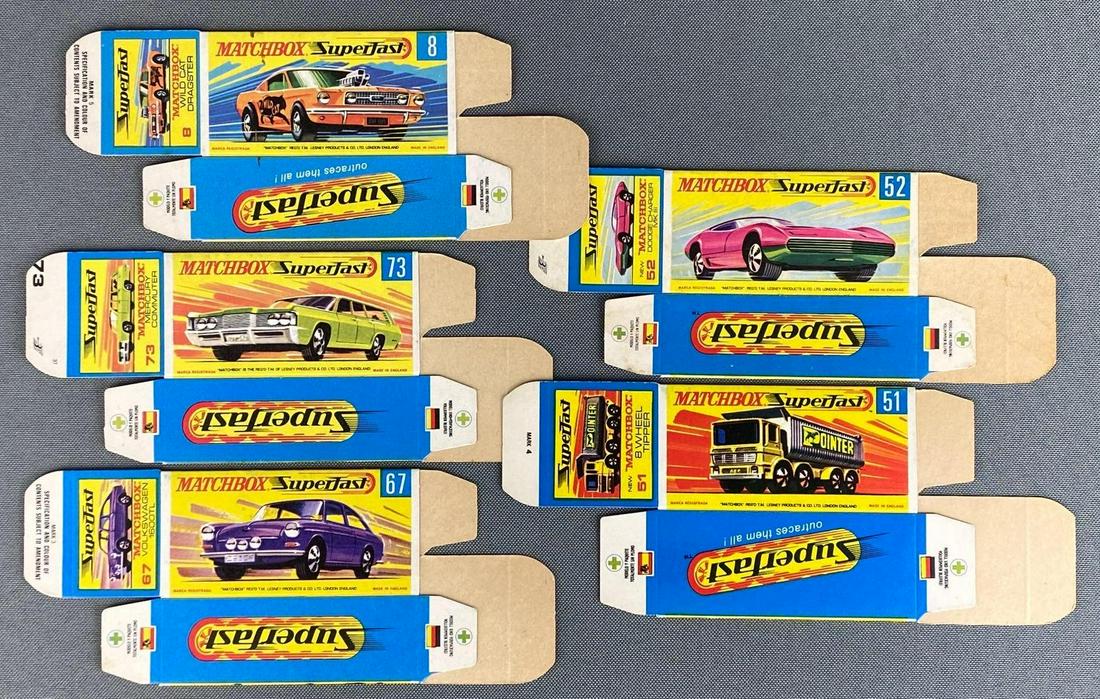 Group of 5 Matchbox Superfast Series G Type Boxes: Boxes only, a Lesney Product, made in England, includes No. 67 Volkswagen 1600TL, No. 52 Dodge Charger MK III, No. 8, No. 73, and No. 51.