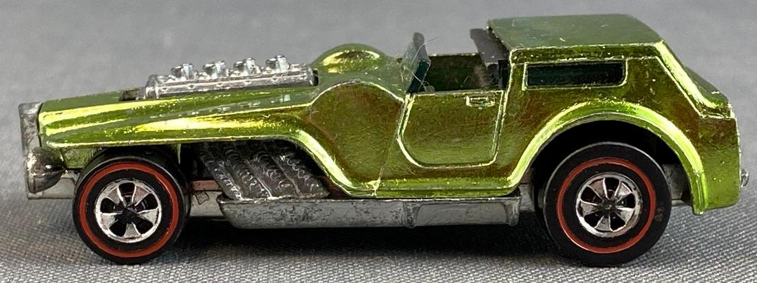 Hot Wheels Red Line The Hood: 1970, Mattel Inc., metallic green, made in the US, die-cast.
