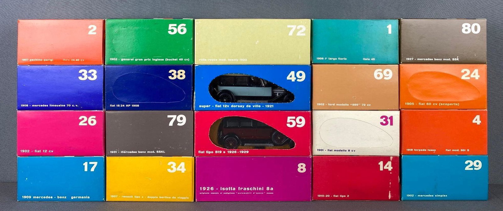 Group of 20 Rio Die Cast Vehicles: all in original boxes. includes 33 Mercedes limousine, 4 1918 torpedo lusso, 72 rolls Royce, 26 fiat 12 cv, and more