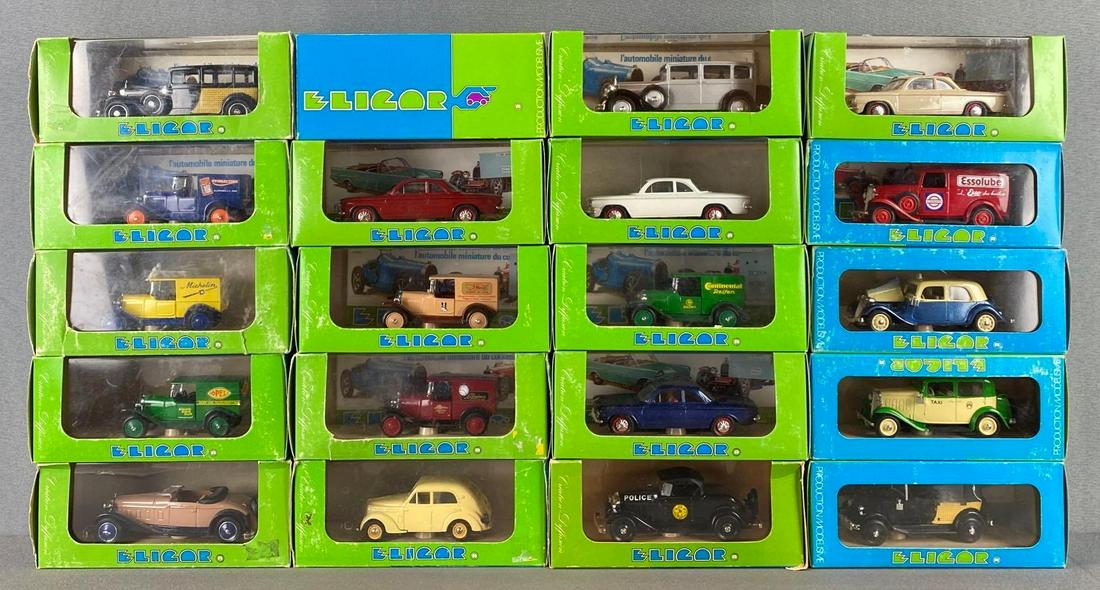 Group of 20 Eligor Die Cast Vehicles: all in original boxes. includes 1030 rolls Royce limousine, 1063 opel laubfrosch camionnette, 1136 Corvair monza coupe, and more